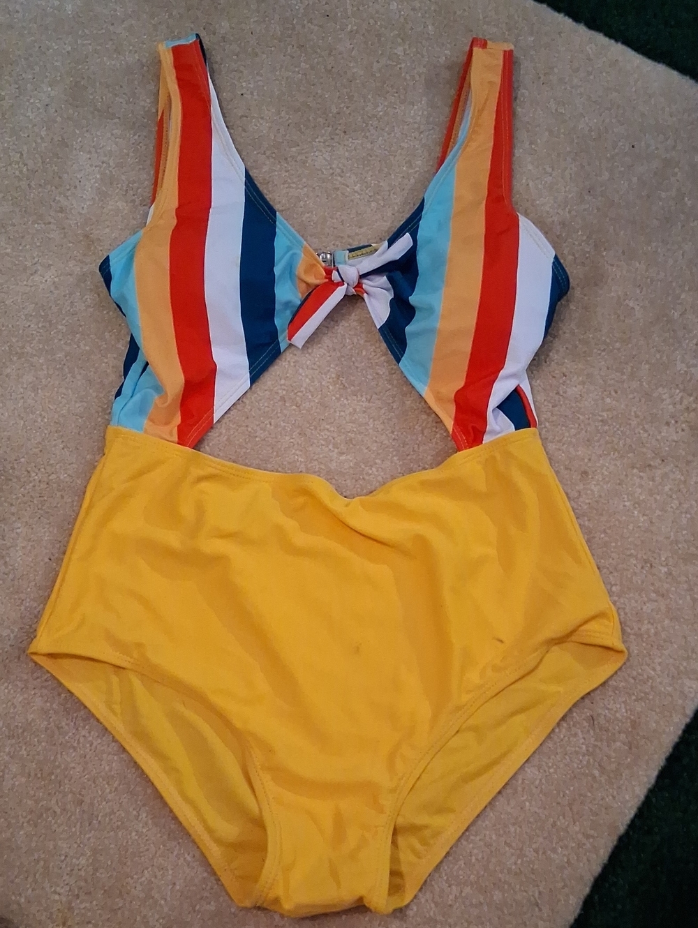 Yellow One-Piece Swimsuit with Multi-Color Striped Top